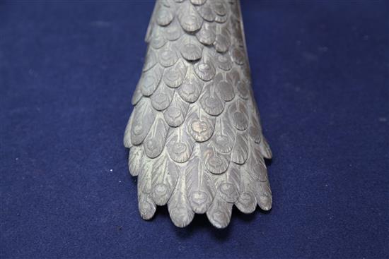 A Japanese silvered copper-bronze figure of a peacock, Meiji period, length 25cm, lacking base